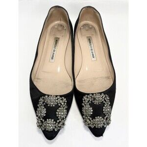 Manolo Blahnik Hangisi Flats Black Satin & Crystal Jewel Buckle Size EU 35.5 5.5